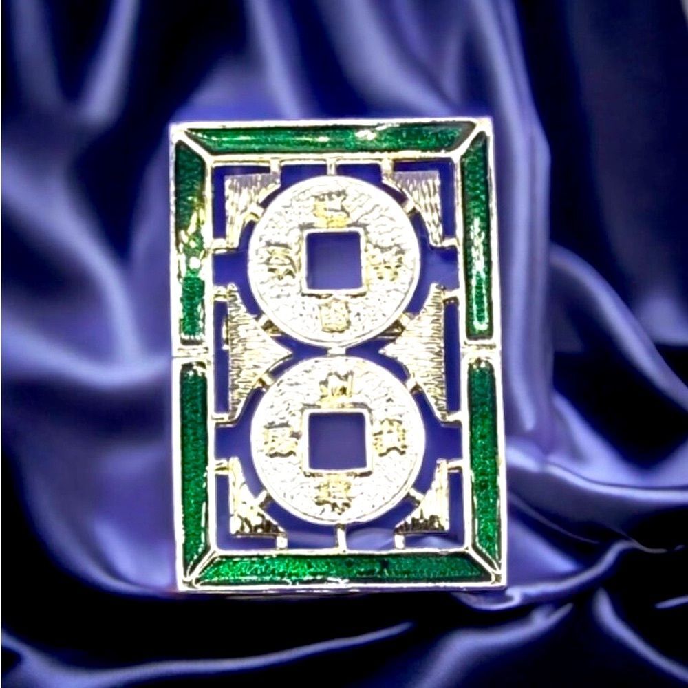 Vintage RNK Rectangle Art Deco Green Enamel Gold Tone Brooch Pin 2”
